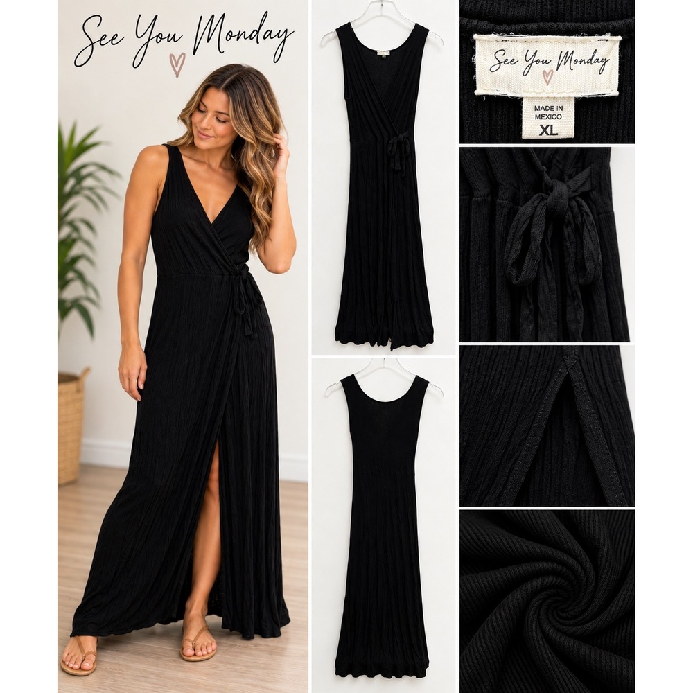 See You Monday Womens XL Black Ribbed Knit Wrap Maxi Dress Side Slit Sleeveless